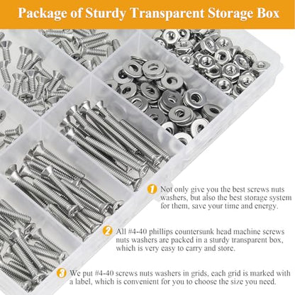 254 Pieces #4-40 x 3/16", 1/4", 5/16", 3/8", 1/2", 5/8", 3/4", 1", Phillips Countersunk Head Machine Screws Nuts Washers Assortment Kit - size: #4-40, style: Phillips Countersunk Head