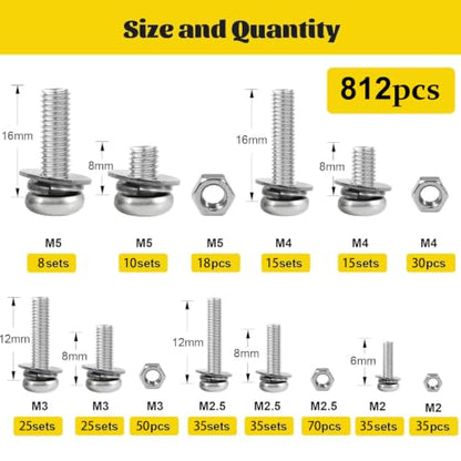 812PCS M2M2.5M3M4M5 Phillips Pan Head Machine Screws Assortment Kit - size: SS M2M2.5M3M4M5 812pcs