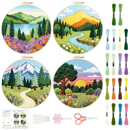 BEUNITONE 4 Set Forest Pattern Embroidery Kit for Adult Beginners Scenery Pre-Printed Designs Cross Stitch Kits, Needlepoint Kits for Adults, Handmade Embroidery for Home Decor 20x20cm - style: C-Forest Scenery