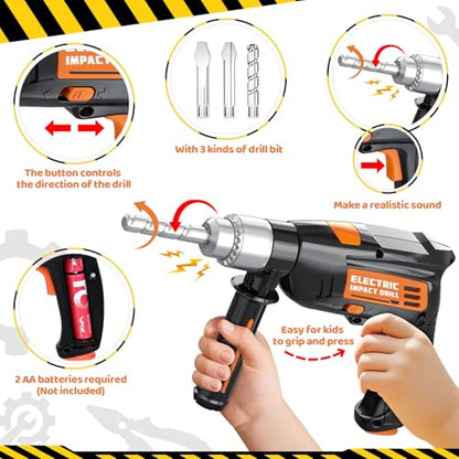 Kids Tool Set with Tool Box Electronic Toy Drill, Toy Tool Set for Boy Girl - style: Black+Orange