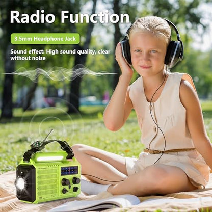 Emergency Weather Radio Battery Powered 5000mAh/18500mWh, Solar Hand Crank - color: Light Green