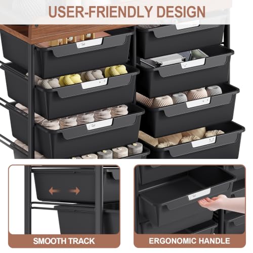 10 Drawers Rolling Cart with Wooden Tabletop, Utility Storage Cart with Wheels, Art Supply Craft Organizer on Wheel with Metal Frame & Handles for Home Office School,Black - color: Black