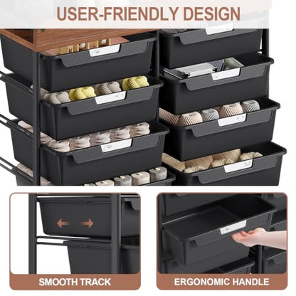 10 Drawers Rolling Cart with Wooden Tabletop, Utility Storage Cart with Wheels, Art Supply Craft Organizer on Wheel with Metal Frame & Handles for Home Office School,Black - color: Black