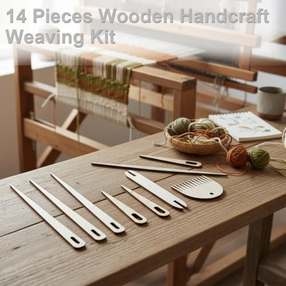 DFOBUNDO Wood Hand Loom Stick Set -14 Pieces Wooden Handcraft Weaving Kit with Crochet Hooks, Needle, and Comb, Excellent for Tapestry Weaving, Tapestry, and Crafting Projects