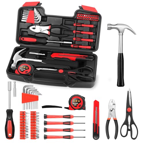 HANGYING 39-Piece Household Tools Kit, Red Home Tool Set with Storage Case - color: Red, size: 39-Piece