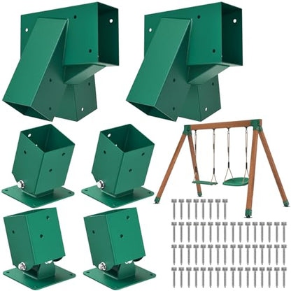 BeneLabel A-Frame Swing Set Brackets with 4pcs Swing Leveling Base Brackets Heavy Duty Swingset Hardware Kit DIY Swingset End Bracket for 4 (4x4) Legs & 1 (4x6) Beam Green - color: Green