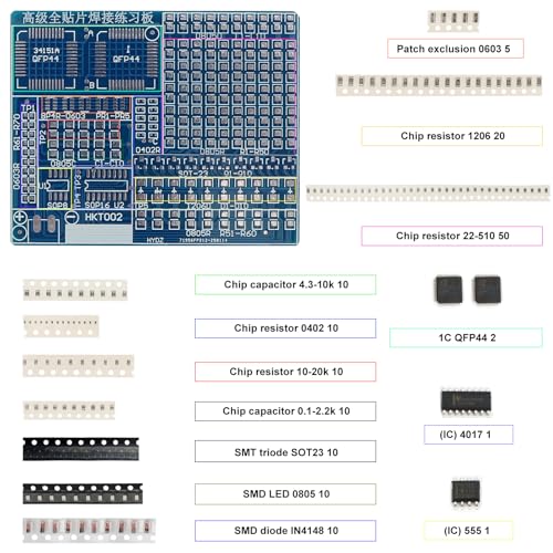 SMD/SMT Soldering Practice Kit for Beginners, 4 PCB Training Boards (Blue/Red/Green + Small Blue), Covers 1206/0805/0603/0402, 60W Soldering Iron, 2 Battery Boxes, Instructions, Complete Components - color: 60w Iron Kit With 4 Boards