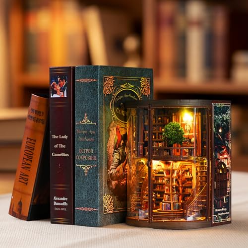 Book Nook Kit for Adult-3D Wooden Puzzles Miniature Library Bookshelf Insert Bookend Decor，Adult Miniature Model with LED Light and Dust Cover, Touch Switch, Adult Craft Kits Gift - style: Wisdom Rings