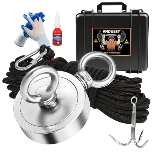 VNDUEEY 1000LBS Magnet Fishing Kit, 2.95" Double Hole Fishing Magnet Kit with Rope, Strong Magnets for Retrieving in River Lake Beach Lawn, Includes 65Ft Rope, Carabiner, Gloves, Grappling Hook, Case - size: 2.95" 1000LBS, style: Double Hole Kit with Case