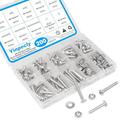 200pcs #8-32 Phillips Pan Head Machine Screws Nuts Washers Kit - size: #8-32