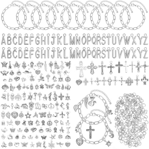 Flasoo 384 Pieces Silver Charm Bracelet Making Kit, Including Paperclip Chain Bracelets, Cross Charms, Jump Rings for DIY Bracelet Making