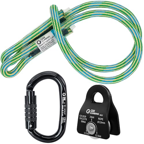 GM CLIMBING Micro Prusik Minding Pulley 25kN CE UIAA Certified 12mm Single Pulley Mobile Side Plates for Arborist Rigging Climbing Rescue - color: Pulley Kit | Black Pulley, Triple Lock