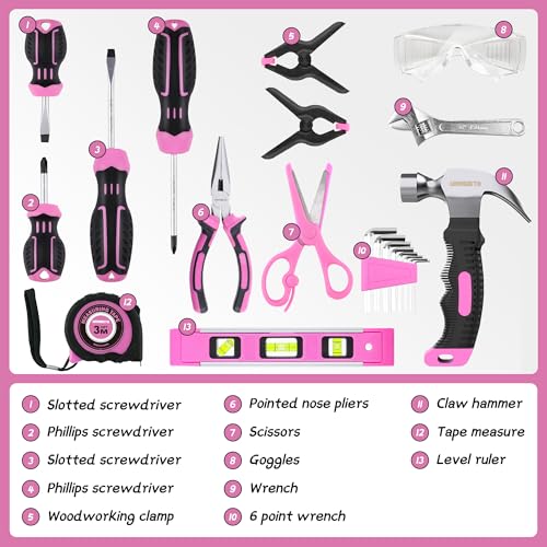 URASISTO 22-Piece Kids Tool Set with Storage Bag, Pink Junior Real Hand Tool Kit for Boys & Girls, Age 8+