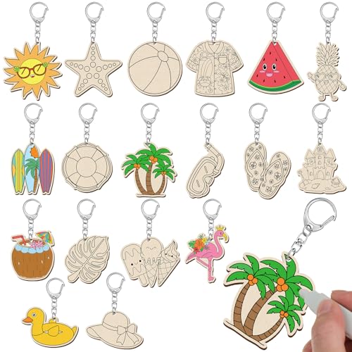 Trnayi 36 Pcs Summer Unfinished Wood Keychains Color Your Own DIY Craft - style: Hawaiian