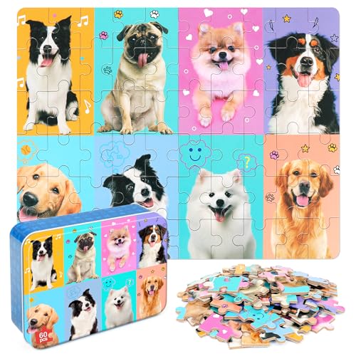 LELEMON Puzzles for Kids Ages 4-6,60 Piece Puzzles for Kids in Metal Box - color: Lovely Dog
