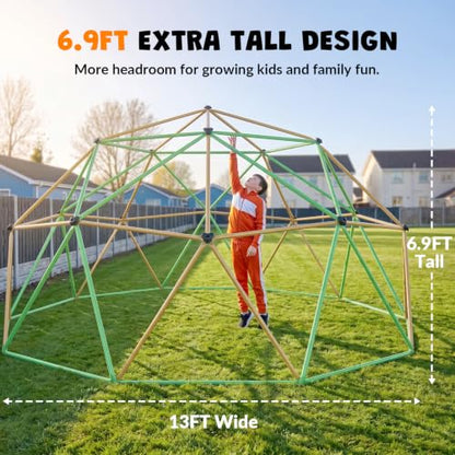 jumpfly 13FT Climbing Dome with Hammock and Swing, 6.9FT Extra Tall Jungle Gym for Backyard, Heavy Duty Dome Climber with Anti-Slip Textured Steel & 16 Grips, Outdoor Playset for Kids - color: Brown/Green