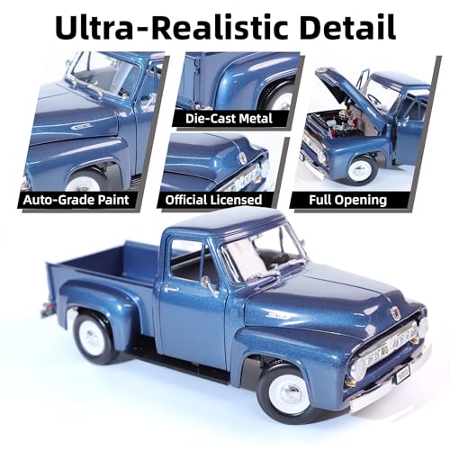 1953 Ford F-100 Pickup Truck 1/18 Scale Die-Cast Metal Model Alloy Collection Cars with Display Case, with Opening Doors, for Kids Men and Teens Dad 14+ Year - color: Gloss Medium Blue