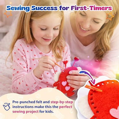 Valentine Gift for Kids, Love Bugs Kids Sewing Kit - Make & Gift Felt Plush Craft, Sew 2 Stuffed Love Bugs (Red & Pink), Precut Felt, Needle, Thread, Polyfill, Googly Eyes, Gift Cards, Ages 5+ - color: Love Bugs