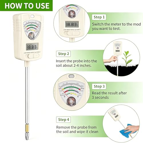 Soil Test Kit, 6 in 1 Soil Tester with Soil Moisture, PH, Fertility Meter with Digital Soil Temp, Air Temp and Humidity for Plants, Lawn, Farm, Indoor and Outdoor(2*AAA Battery Needed) - color: Black 6in1