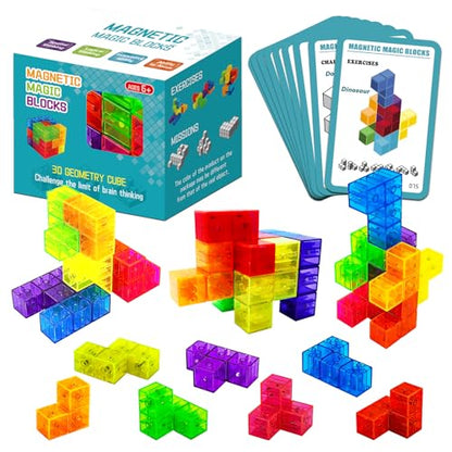 Magnetic Building Blocks, STEM Magic Magnetic 3D Puzzle Cubes, 7 Pcs Preschool Multi Shapes Magnetic Toys with 54 Cards, Montessori Sensory Autism Building Toys for Kids