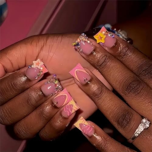 Duck Mouth Press on Nails Medium Square Fake Nails French Tips Glue on Nails with Star Rhinestone Charms Designs Duck Nail Tips 24Pcs Glossy Full Cover Glue on Nails for Women Acrylic Nails - color: Style-A12