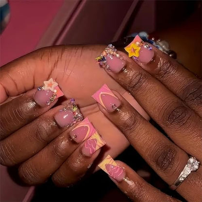 Duck Mouth Press on Nails Medium Square Fake Nails French Tips Glue on Nails with Star Rhinestone Charms Designs Duck Nail Tips 24Pcs Glossy Full Cover Glue on Nails for Women Acrylic Nails - color: Style-A12
