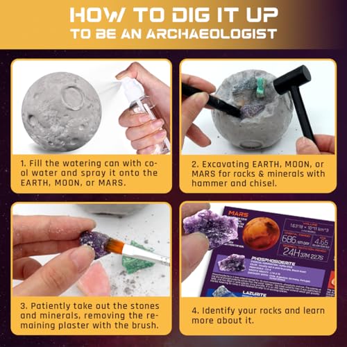 PIBEX Gemstone Dig Kit, Dig up 15 Rocks & Minerals from Earth Moon Mars, Solar System Planets Geology Science Set, Space Rock Mining Toys for Kids, STEM Gift for Boys & Girls Age 6-8-12 - size: 3 Planets (15 Stones)