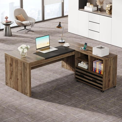 Tribesigns 62.2" L-Shaped Executive Desk with Mobile File Cabinet - color: Light Brown and Black