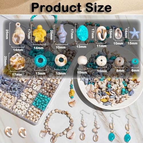 600+Pcs Ocean Beads Kit Seashell Starfish Turtle for Bracelet Making - color: Beige+Sea Blue