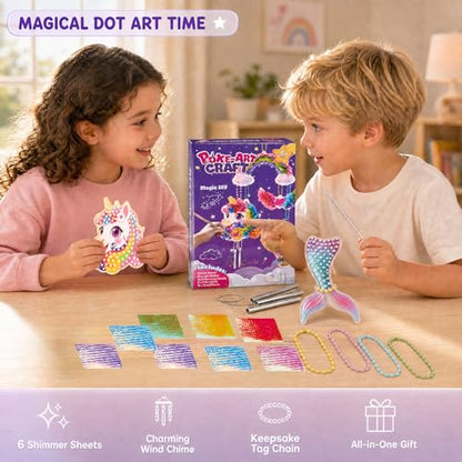 Juloviy Poke-in Art, DIY Poke Art Craft Kit for Kids Ages 6+, Fabric Poking Set with Wind Chime Decorations, Mess-Free Creative Toy for Children