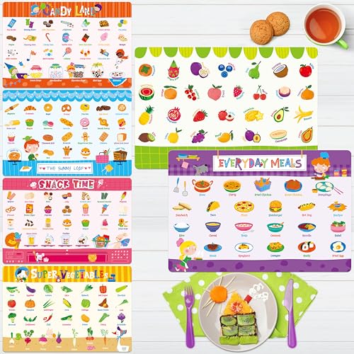 6 Pack Placemats for Kids, Non-Slip Washable Table Mats, Reusable Food Themed Dining Mats - Fruits, Vegetables, Snacks, Candies, Everyday Meal, Educational Placemats for Home, Classroom, Nursery - style: Food