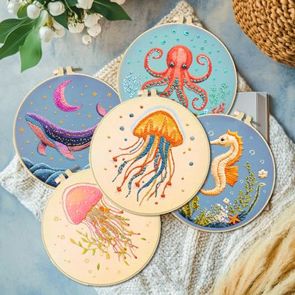 ACRNIGHEET 6PCS Embroidery Kit for Adults Beginners, Sea Animals Embroidery Starter Kit, Stamped Cross Stitch Kits for Crafts Lovers Gift Idea, Include Instructions 6 Stamped Embroidery Cloth 2 Hoop - style: Marine animal patterns -6pcs