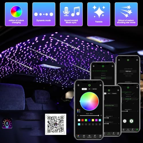 AMKI 16W 600pcs 0.03in 9.8ft Starlight Headliner Kit Twinkle+Sound Activated,Pure White Meteor Shooting Star APP/Remote Control RGBW Fiber Optic Starlight Box for Car Home Star Ceiling Decor - size: 696pcs*0.03in*9.8ft