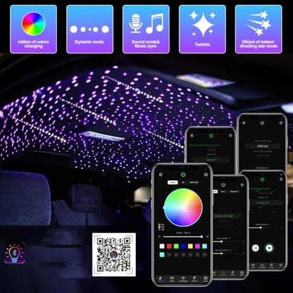 AMKI 16W 600pcs 0.03in 9.8ft Starlight Headliner Kit Twinkle+Sound Activated,Pure White Meteor Shooting Star APP/Remote Control RGBW Fiber Optic Starlight Box for Car Home Star Ceiling Decor - size: 696pcs*0.03in*9.8ft