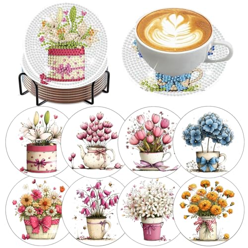 8 Pcs Flower Diamond Art Coasters with Holder Cork Pads - color: Flower Diamond Art Coasters