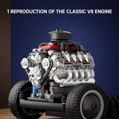 Mould King Mini V8 Engine Kits That Runs, Build Your Own Visible Car Motor, Physical Science Experiment Models for Teens, Best STEM Toy Gifts for 14+ and Adult 10171 (487 Pcs) - style: V8 Engine