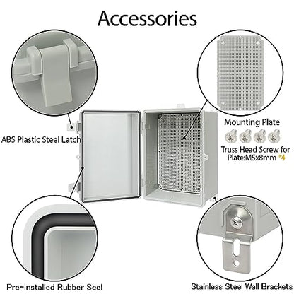 Junction Box IP65 Waterproof Electrical Box Outdoor ABS Plastic Project Box Hinged Shell Universal Enclosure Box with Mounting Plate, Wall Brackets, Cable Glands 11.4" x 7.5" x 5.5" - color: Grey, size: 11.4" x 7.5" x 5.5"