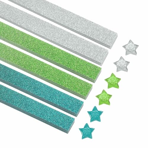 MECCANIXITY 200 Sheets Origami Paper Glitter Stars Papers Light Green,Green,Silver Fold Paper for Beginner Arts Crafts Projects,0.4 x 8.7 Inch - color: Light Green,Green,Silver