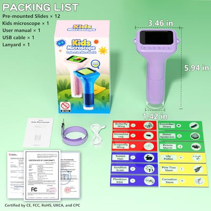 Odatay 1000X Digital Kids Microscope Kit with 12 Slides & 2" Screen, Purple - color: Purple