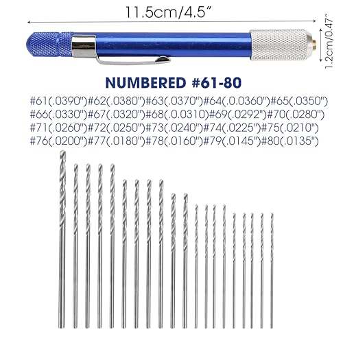 21PCS Carburetor Jet Drill Bits Pin Vise Set, Numbered 61-80 Mini Jeweler's Chuck Vice, Fine Tiny Miniature Metric Micro Wire Nano Tool For Jewelry Bead Making Crafts Orifice Drilling Wood DIY Carving