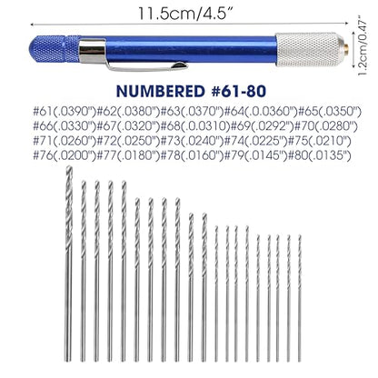 21PCS Carburetor Jet Drill Bits Pin Vise Set, Numbered 61-80 Mini Jeweler's Chuck Vice, Fine Tiny Miniature Metric Micro Wire Nano Tool For Jewelry Bead Making Crafts Orifice Drilling Wood DIY Carving