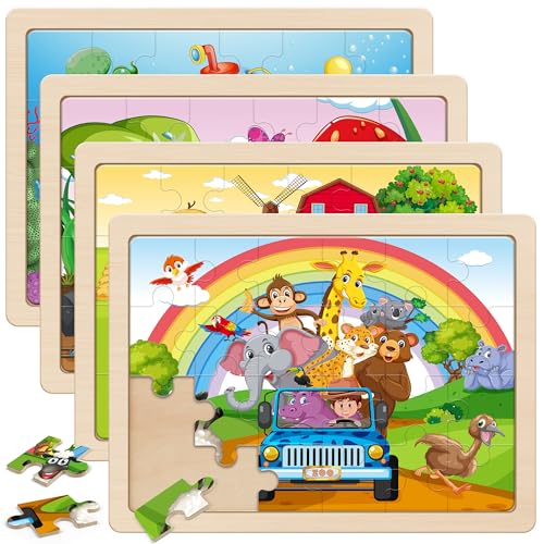 SYNARRY Large Animal Wooden Puzzles for Kids Ages 4-6, 4-in-1 Gift Set - style: Animals