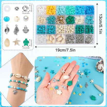 UPINS 2100Pcs Ocean Beads Bracelet Making Kit,Summer Beach Beads for Jewelry Making Sea Shell Blue White Turquoise Starfish Turtle Charms for Summer DIY Craft Gift - color: Blue White
