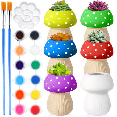 Pasimy 6 Set Ceramics to Paint DIY Succulent Planter Pots, Mushroom - style: Mushroom