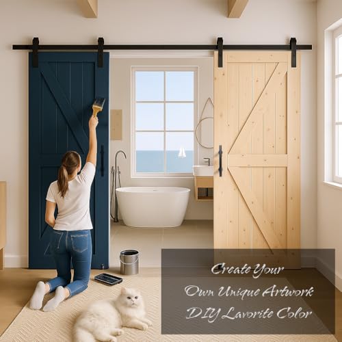 S&Z TOPHAND® 46in x 84in Unfinished British Brace Knotty Barn Door with Sliding Hardware Kit/Solid Wood/Sliding Door/Double Surfaces/A Simple Assembly is Required - size: 46x84in