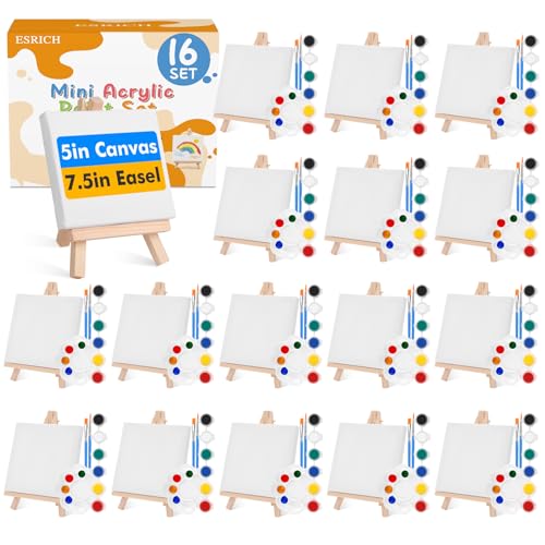 ESRICH 16 Set Mini Acrylic Paint Kit, 5in Mini Canvas with 7.5in Easel - size: 16 set 5 x 5 inches