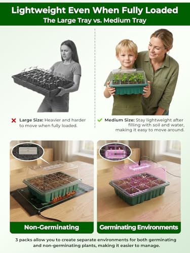 Seed Starter Tray 3 Pack with Heating Mat & 24 Full Spectrum LEDs Grow Light – Auto Cycle Timer, Humidity Dome Ventilation Cover, Drainage Holes, Includes Gardening Tools – Green Version - color: Green×3