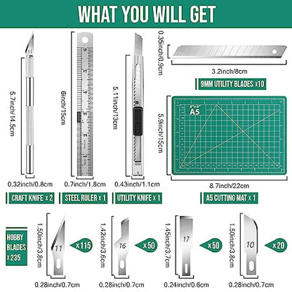 DIYSELF 250 PCS Exacto Knife Set Precision Knife with A5 Cutting Mat, Green