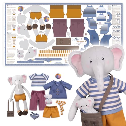 kullaloo Cut & Sew Fabric Panel – Elephant Doll Sewing Kit for Teens & Adults ✦ Intermediate DIY Plush Project with Clothes ✦ Dress Me Bestie Eddy - color: Dress Me Bestie Eddy Elephant