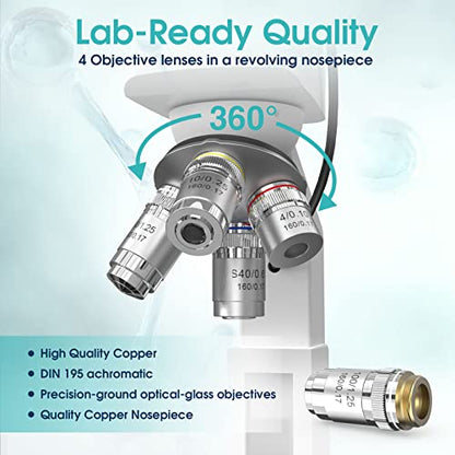 Lab Compound Monocular Microscopes with Constant Temperature,Dual-View Microscope for Adults Students with 40X-2500X Magnification, WF10X/25X Eyepiece, 7'' LCD Screen, Built in 5MP Camera